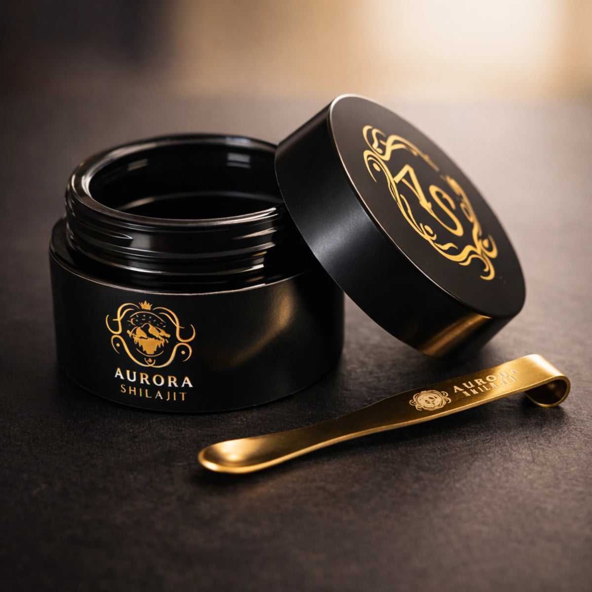 Aurora Shilajit jar with spoon